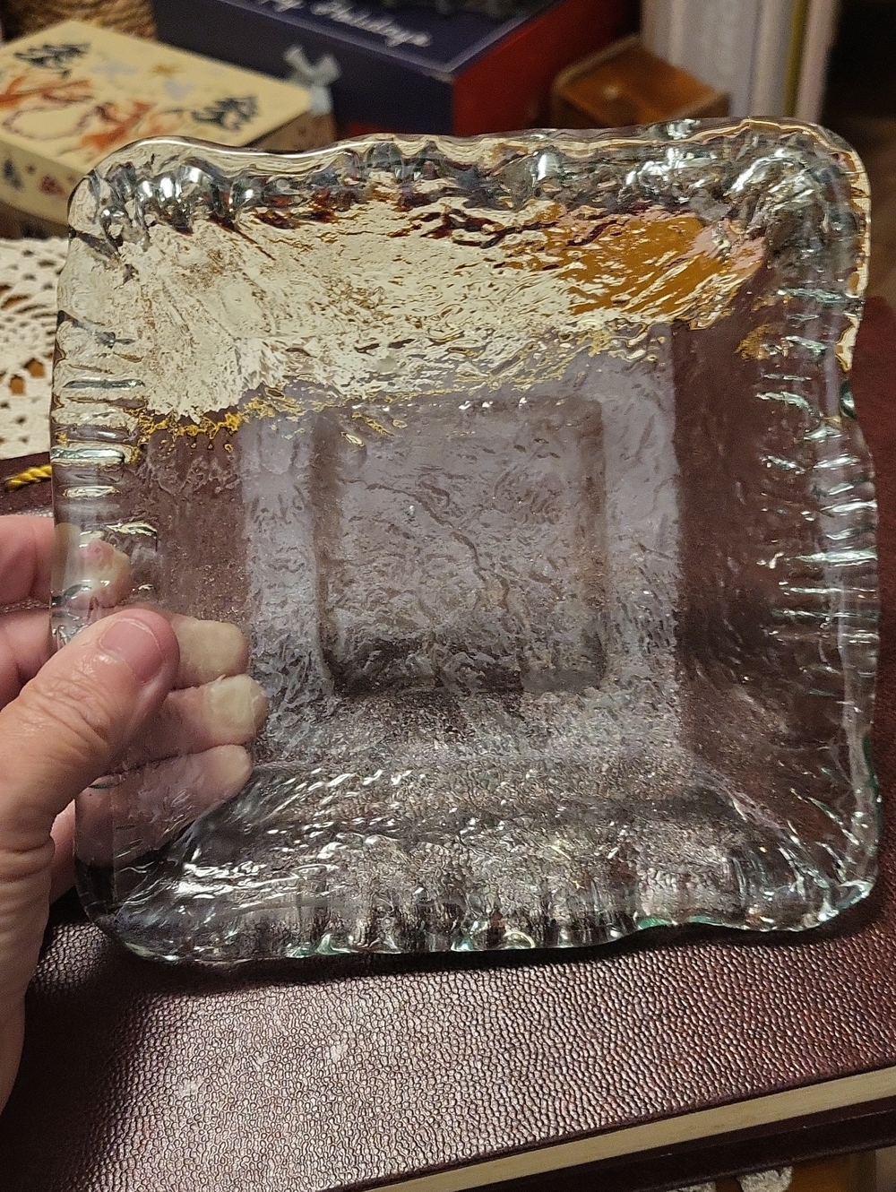 Source Unknown Clear Textured Glass Square Dish with Gold Trim